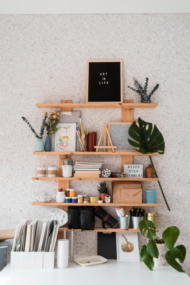 An organized crafts shelf